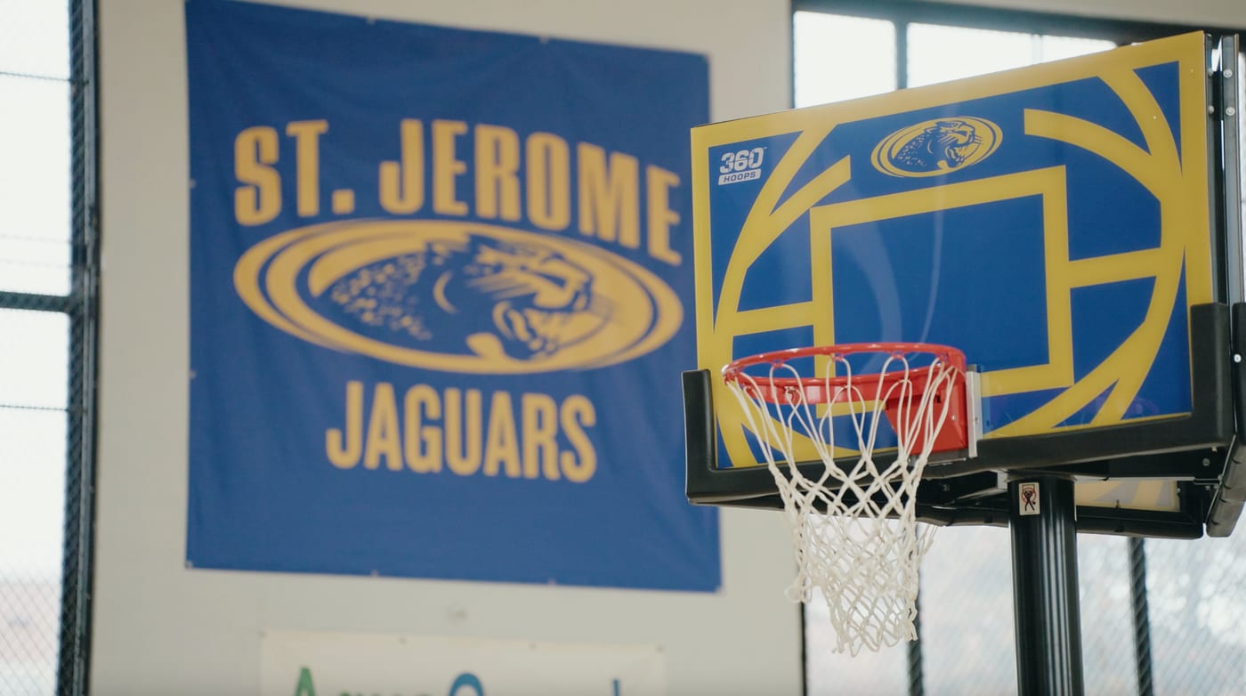 St. Jerome Jaguars custom-branded 360 Hoops backboard